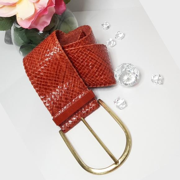 90's-Y2K❤Big Golden Buckle Leather Belt| Red Wide High Waist|Weaved - Picture 1 of 8